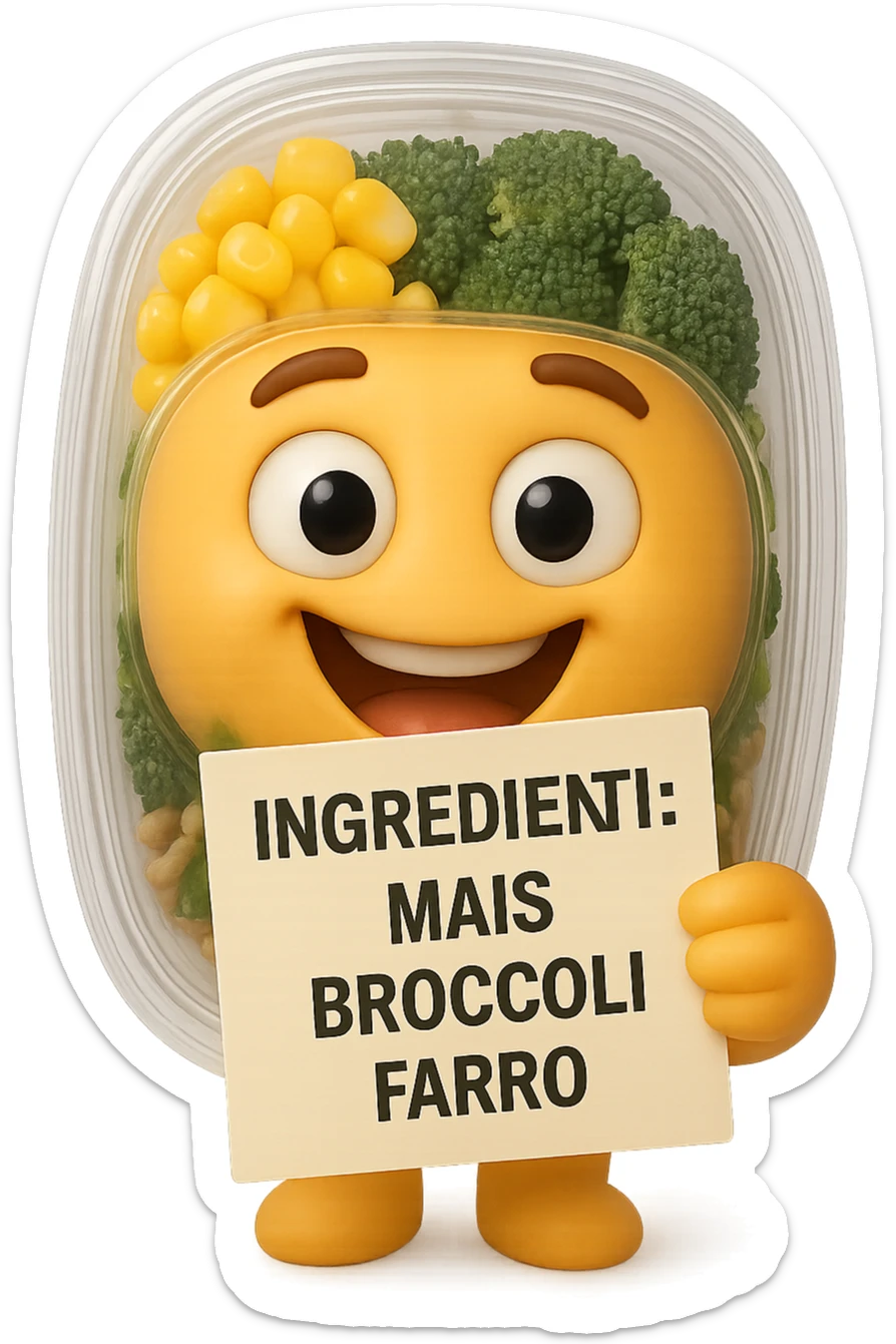 SU QUESTO STILE FAI UN EMOJI STILE IPHONE 3D DI UN INSALATA PRECONFEZIONATA DA SUPERMERCATO CON FOCUS SU ETICHETTA NUTRIZIONALE CON GLI INGREDIENTI IN ITALIANO TIPO: MAIS, BROCCOLI, FARRO, ACCANTO ALL'INSALATA CHE HA IN MANO C'è UN FOCUS SULL'ETICHETTA CON GLI INGREDIENTI SCRITTI, FALLO MOLTO REALISTICO IN 3D sticker