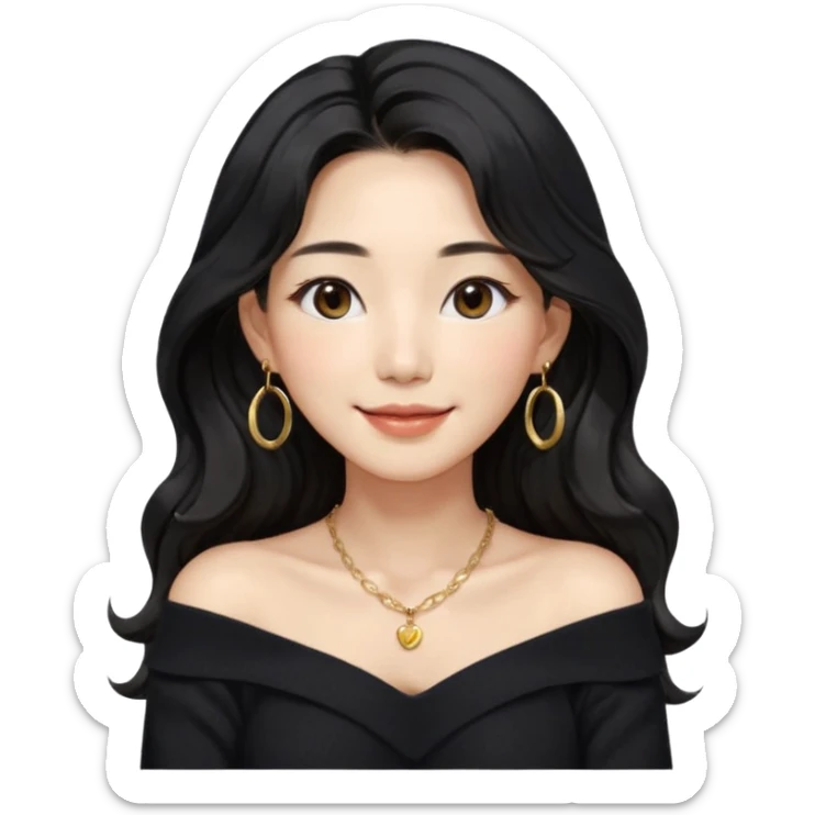 A South Korean girl in her thirties with long black soft wavy hair with middle part and layers. She is wearing a black off the shoulder long sleeve knit sweater, small gold hoop earrings and thin gold necklace. She has brown eyes with mono lid shape and smiling with lips together sticker