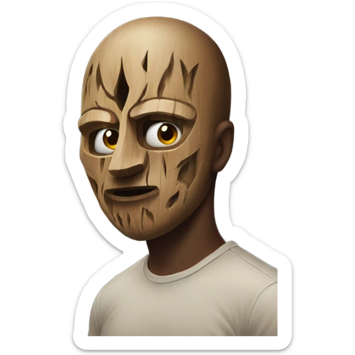 male portrait on the street with a cursed wooden mask sticker