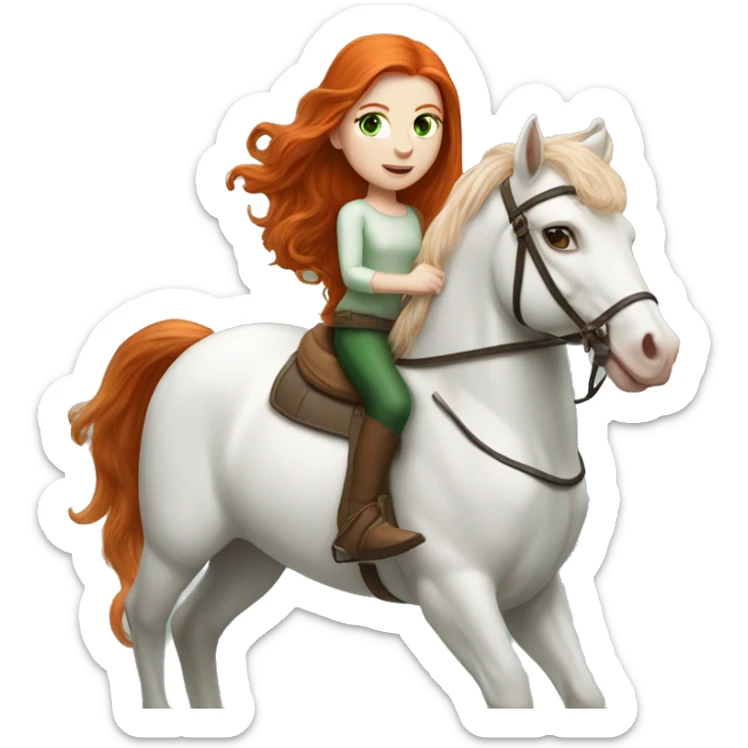Redhead (ginger) girl, long blowout hair, green eyes and pale skin riding a white horse sticker
