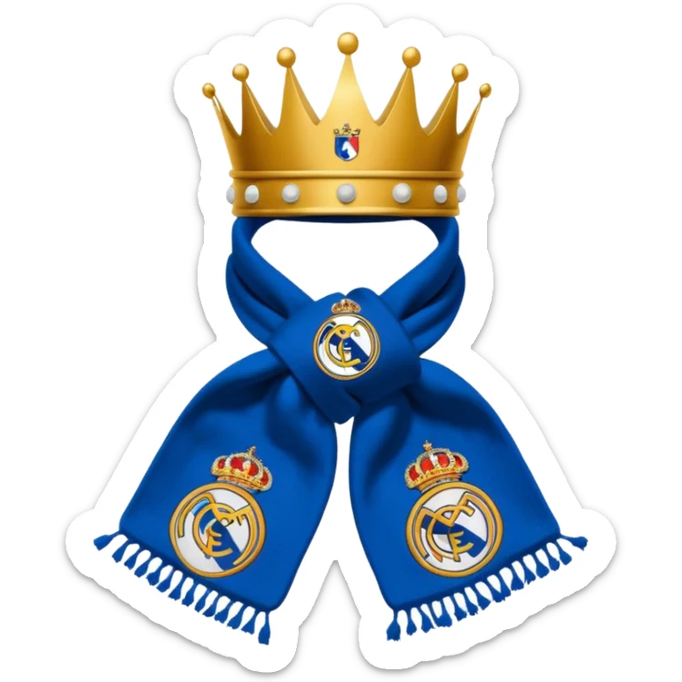 Real Madrid inspired white and gold football scarf with a crown motif sticker