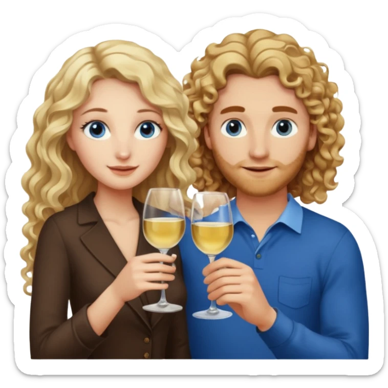 A woman with brown eyes and long blond curly hair and a man with blue eyes and brown hair, they toast to each other with a glass of white wine. They both have blue eyes sticker