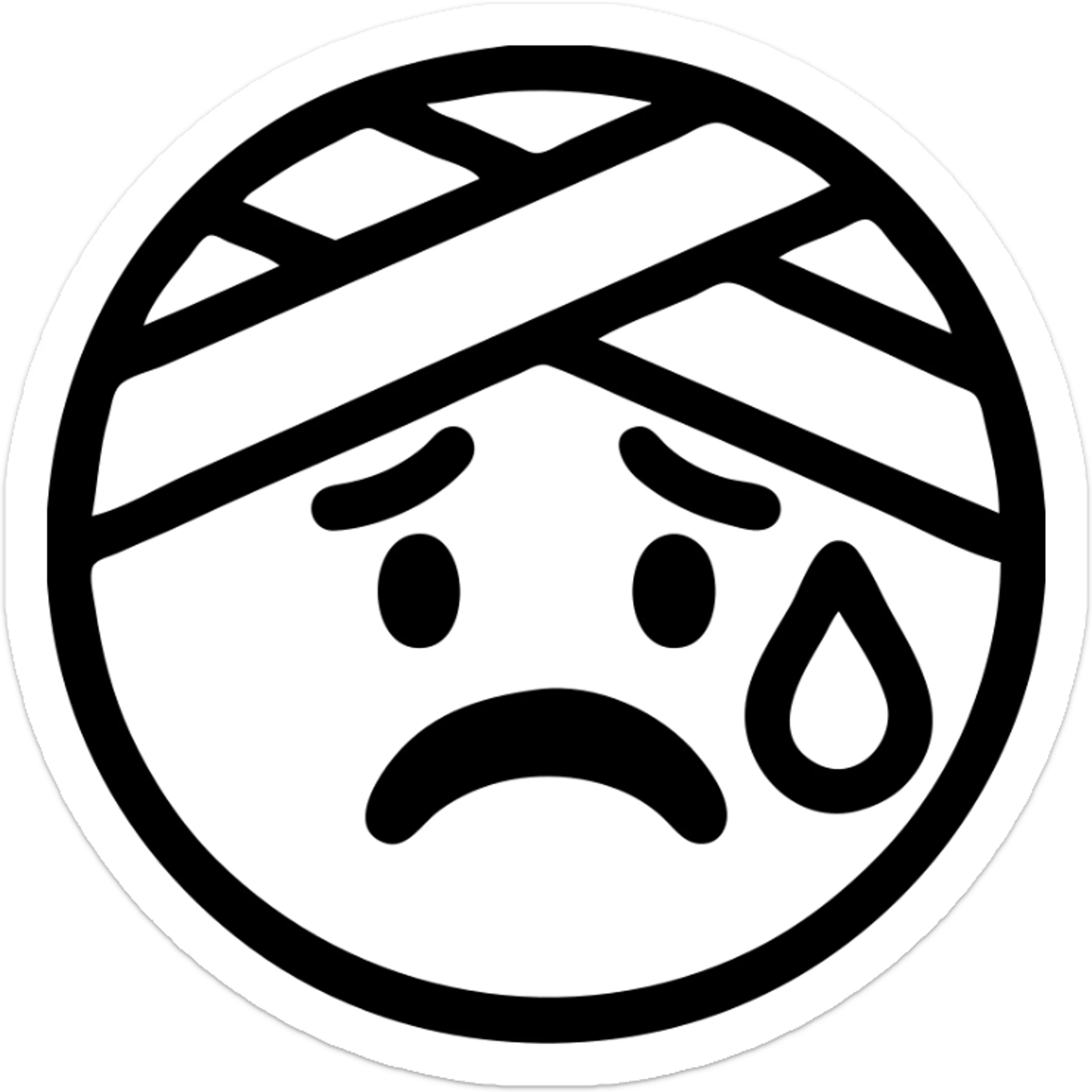 Edit the face to be bandaged with tears at the corner of the eyes, a wronged expression, black thick outlines, red face, consistent with the reference style. sticker