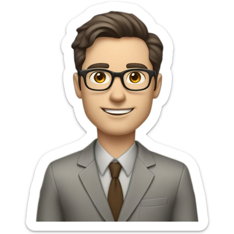 Pale skinned fit man with dark brown hair in gray jacket, beige office shirt, brown tie, brown pants and vintage glasses Writing on the marker board sticker