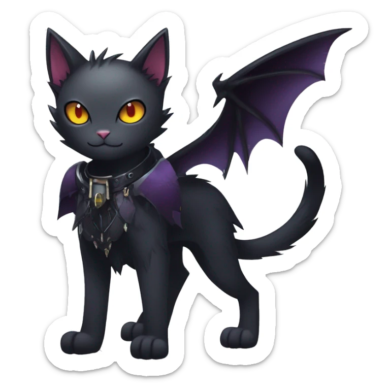   cool edgy beautiful anime-style ethereal dark-punk-themed animal vampiric cat-hybrid Fakemon with fangs and bat-wing-ears with a collar full body sticker