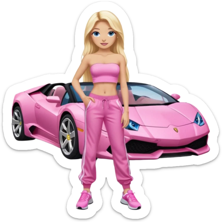 Rosaner Lamborghini mit einem Mädchen mit sehr lamgem blonden Haaren und latina make up und blauen Himmel Augen daneben stehen und sie hat ein rosanes Top ohne Träger anund eine rosane Joggingshose und rosanen Adidas Schuhen sticker