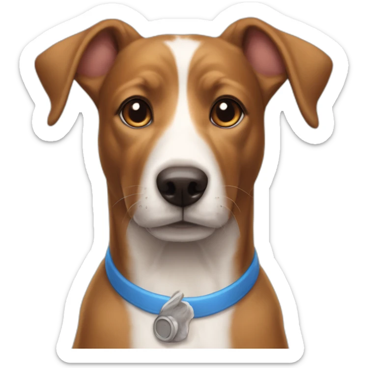 adopted brown dog with a white line in the middle of her hed and honey eyes and blue collar with bunny ears sticker