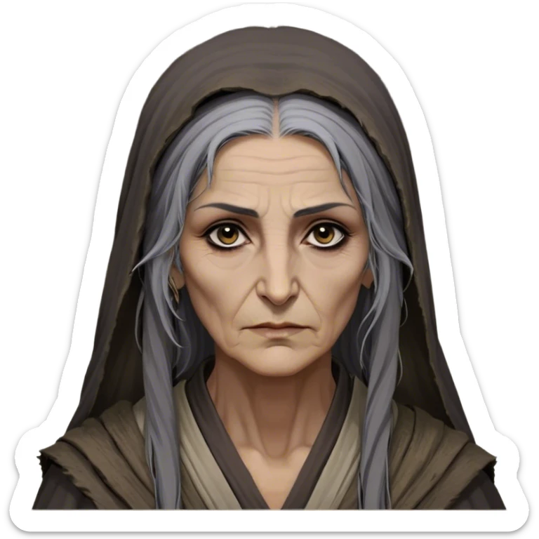 Mirri Maz Duur is a weathered, age 60 Lhazareen woman with deep-set dark eyes, high cheekbones, and a sharp nose, giving her a stern, knowing expression. Her long, unkempt dark hair streaked with gray falls loosely over her shoulders, and her earth-toned, tattered robes mark her as a humble healer. Despite her frail appearance, she exudes an aura of mystery and menace, her hands stained with herbs and blood from both healing and dark sorcery. sticker