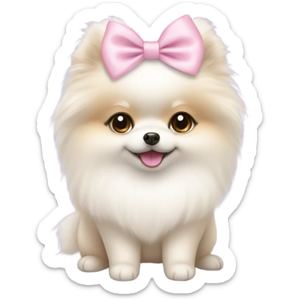 A white little Pomeranian with a cute little light pink bow on her hair sticker