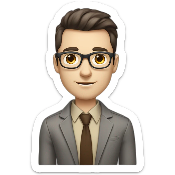 Pale skinned fit man with dark brown hair in gray jacket, beige office shirt, brown tie, brown pants and vintage glasses Writing on the marker board sticker