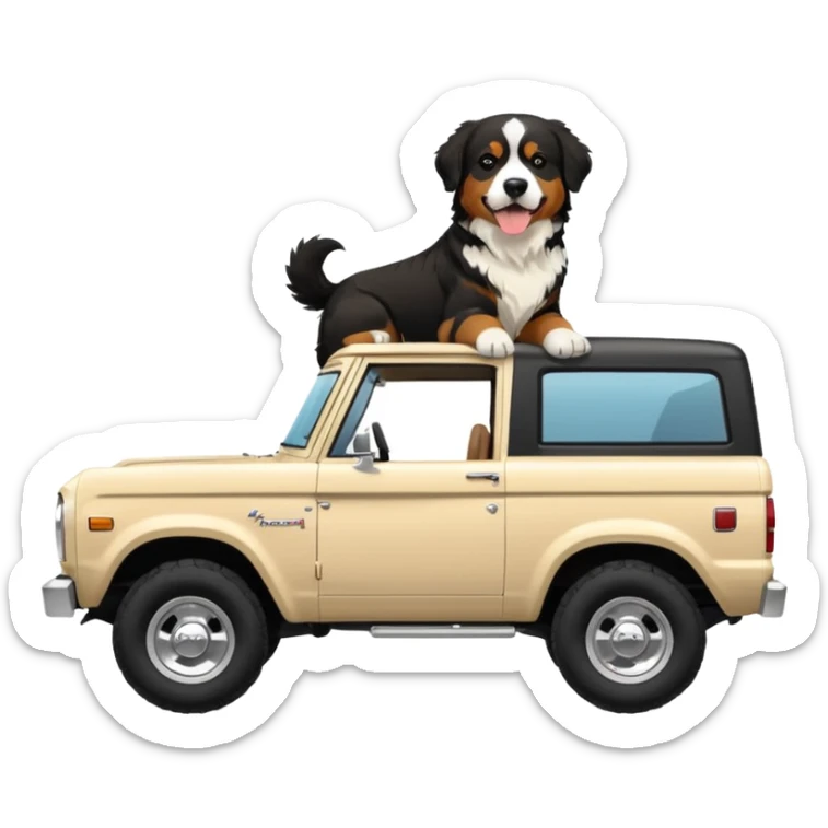 Cream colored ford bronco with no roof and an adult Bernese mountain dog in the seat sticker