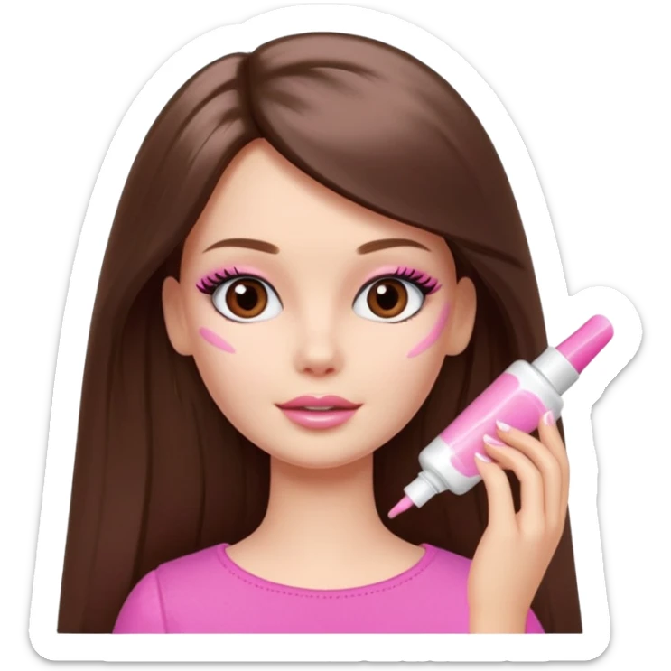 Barbie girl a brown long Straight hair and brown eyes is In pale pink smears by hand cosmetic cream on her face sticker