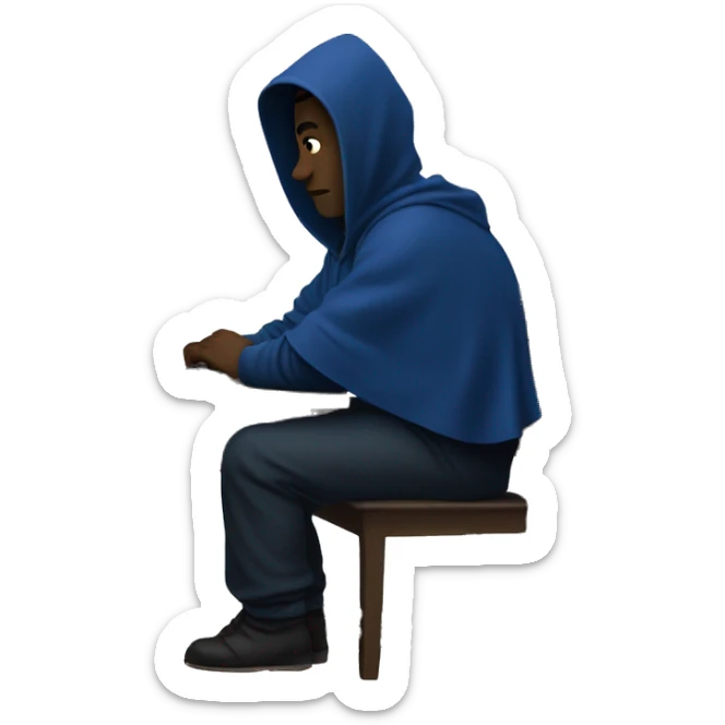 A man in a dark blue hoodie with a capelet on his head, his face not visible in the shadows, is sitting at a computer. sticker