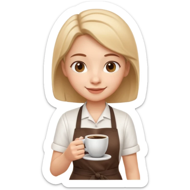 cute barista portrait, head and shoulders only, wearing apron, coffee shop uniform, friendly smile, holding a small coffee cup, 3D cartoon, mobile game icon style, clean background, no text, no watermark
 sticker