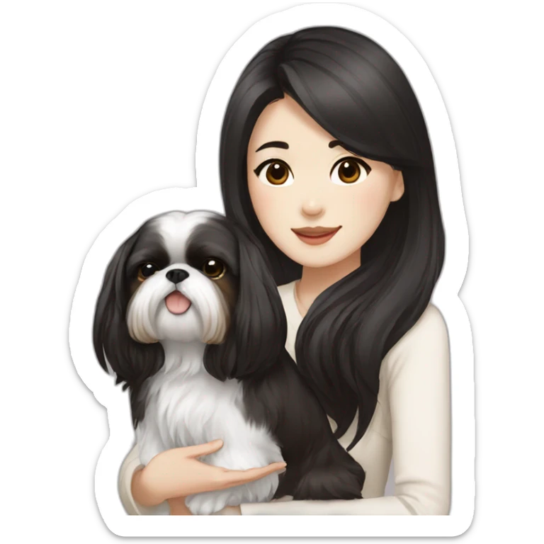 long black hair korean girl with white and brown colored shih tzu sticker