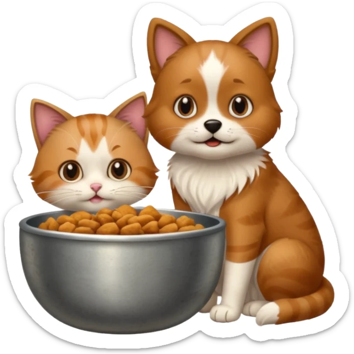 The dog is itching because of fleas, the cat is eating a lot of food from the bowl sticker
