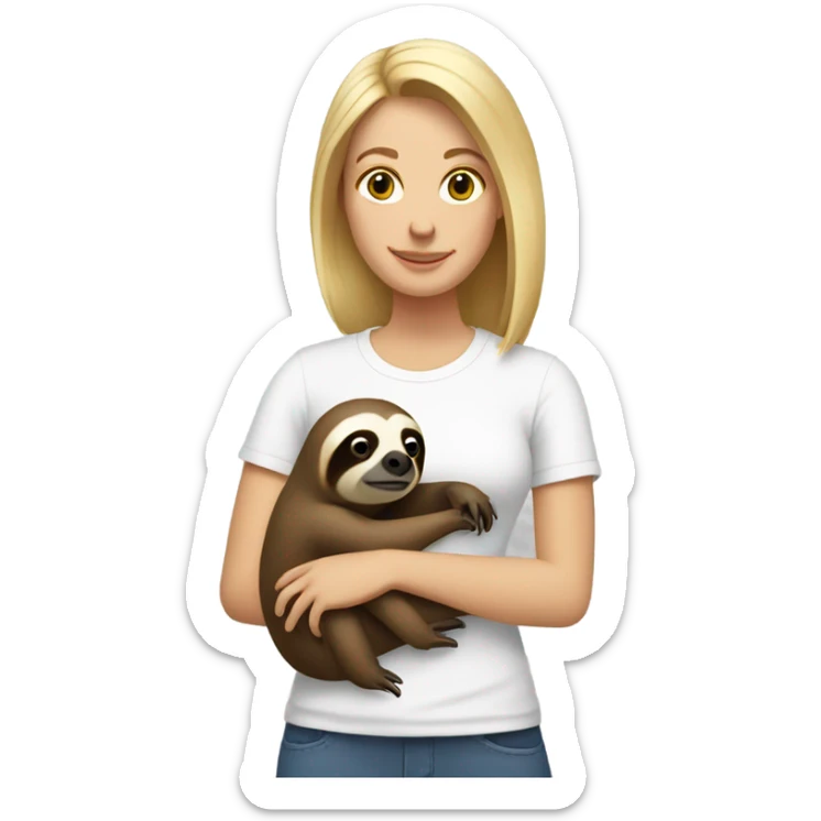 Lady with shoulder length blonde hair in white t-shirt holding a sloth sticker