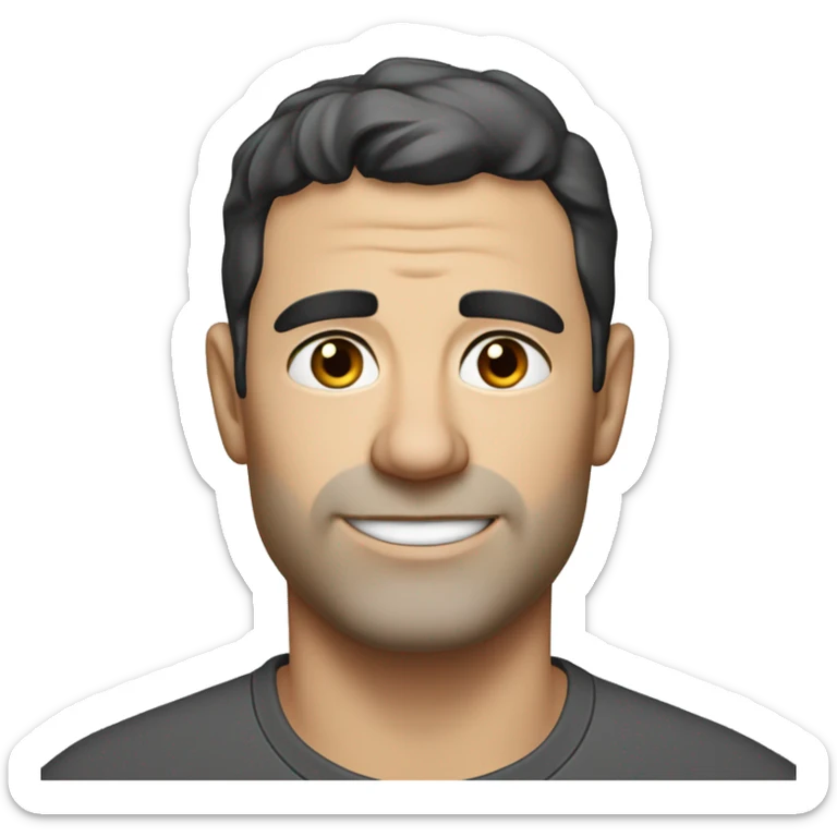 A head and shoulders shot of a 40 year old caucasian man with black short hair wearing a tshirt. sticker