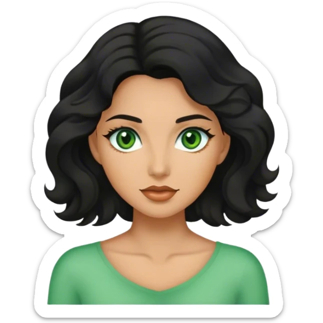 Woman with wavy black hair, green eyes and tan sticker
