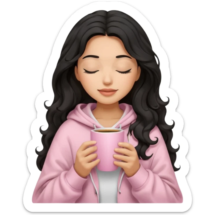 hispanic woman, black long wavy hair , closed eyes, feminine face, holding soft pink coffee cup wearing white Hoodie with pink blanket over shoulders sticker