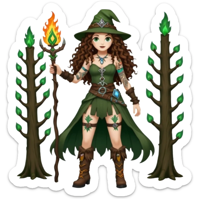 full body view of a woman with long curly brown hair, brown eyes, white skin, tattoos, wearing a forest witch outfit with high boots and rune belt, casting green flame from her hand sticker