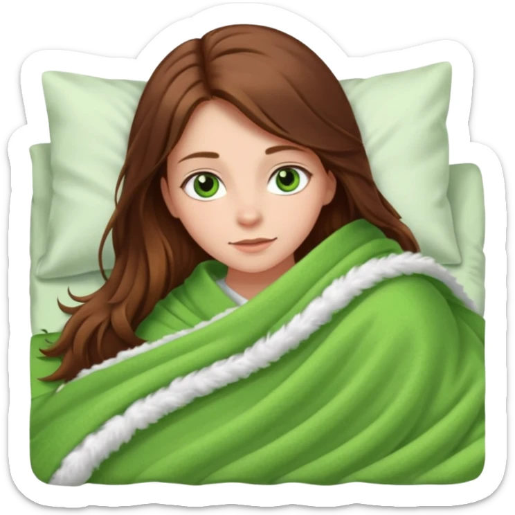 girl with long brown hair and green eyes in bed under many blankets sticker