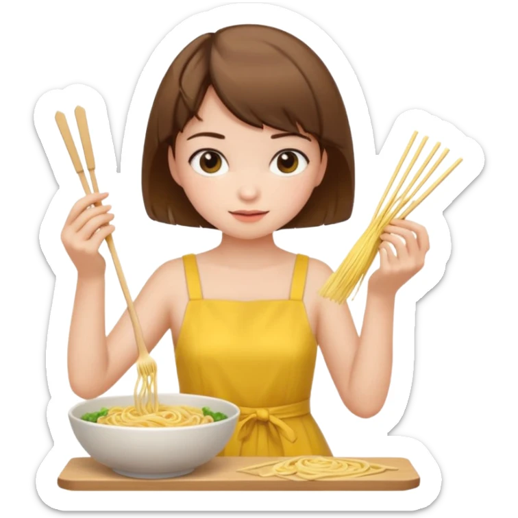Brown short hair girl and white skin with yellow dress making noodle sticker