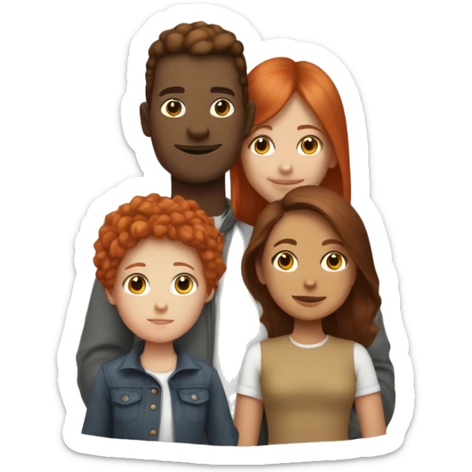 family where one person is white with red hair, one is a brown girl, one is a white girl with brown hair, and one is a monst sticker