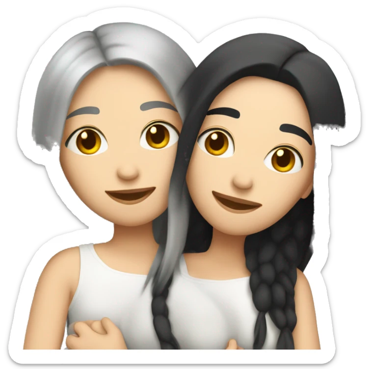 A lesbian couple who both have white skin and long black hair are hugging intimately. sticker