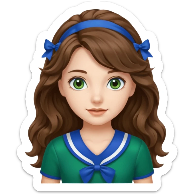 A pretty girl with BLUE EYES, brown long wavy hair, and wear green Hawkins cheerleader uniform sticker