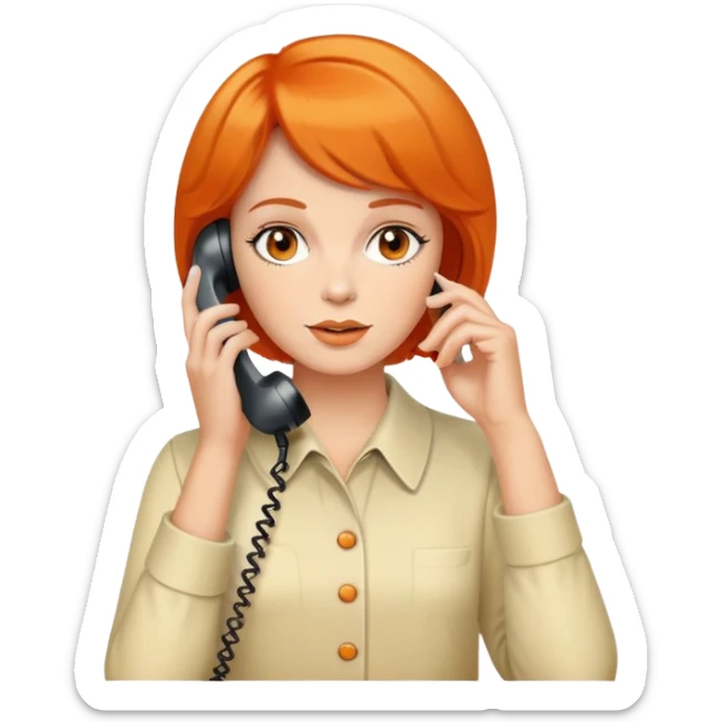 Please create an upper body emoji of a woman with short orange hair talking on a white phone from the 70s. sticker