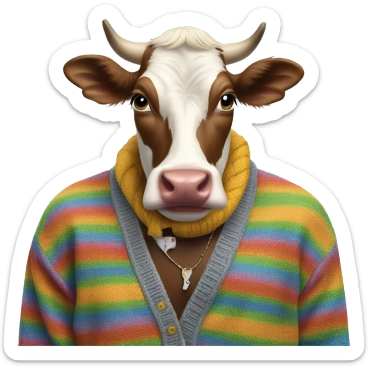 Gay cow eating wearing a cardigan with Eminem and cardi b sticker