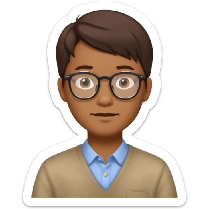 Asian male, with goatie, wearing glasses, medium length hair, brown sticker