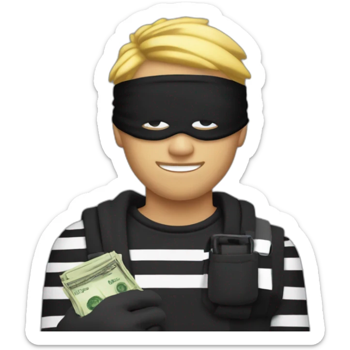 robber with blonde hair wearing a black beanie and a long sleeved white and black horizontally striped t-shirt and wearing black eye mask and holding and a bag of money in their left shoulder sticker