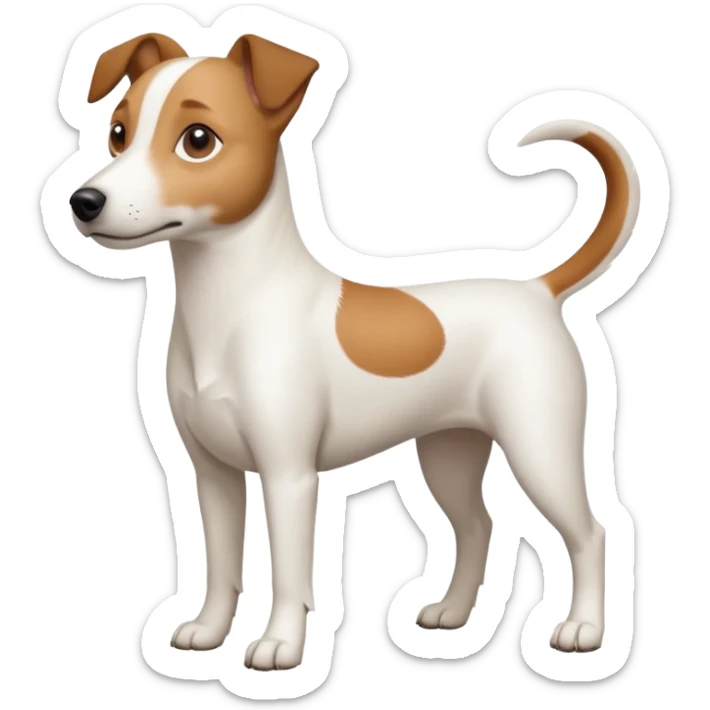 a full body white jack russel looking dog the size of a kelpie with light brown ears and a light brown patch on one eye and a large snout sticker
