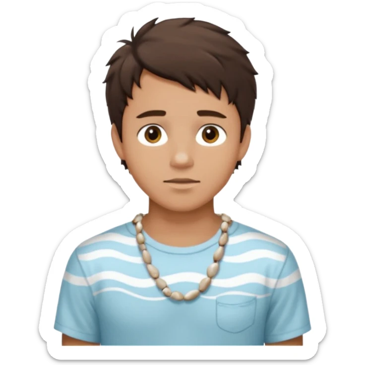 create an emoji of a young man. he has a nice surfer look, with short messy dark brown hair, brown eyes, tanned skin, natural lips. he wears a white sea shell necklace with an open short sleeve shirt sticker