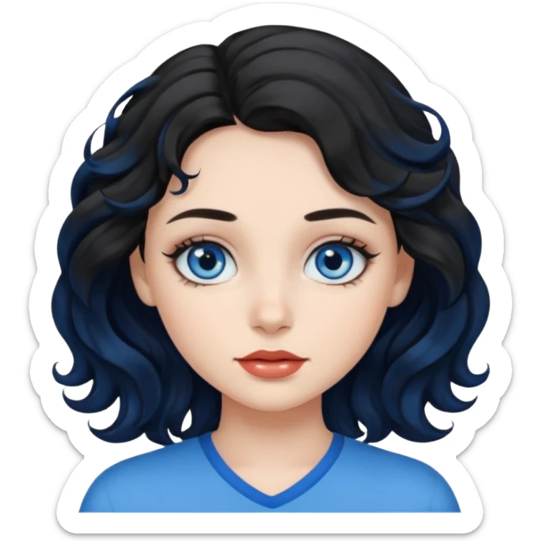 a girl with blue eyes, black wavy hair, clean girl makeup sticker
