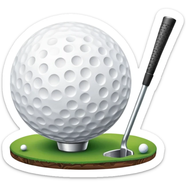 A golf ball on a tee, with a golf club placed beside it on the lush green fairway. The background shows a serene golf course with neatly trimmed grass and a clear blue sky, emphasizing the elegance and precision of the game. sticker