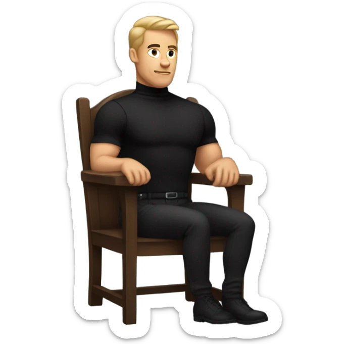 muscle man in black turtleneck shirt and black pants sitting in chair sticker