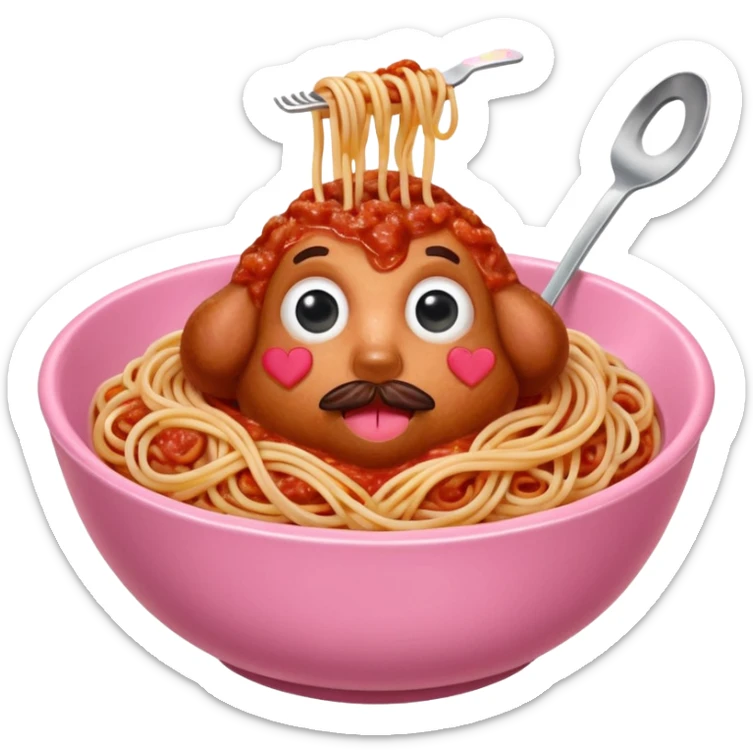 Spaghetti bologonese in heartshaped pink bowl, the bologonese should not be heartshaped sticker