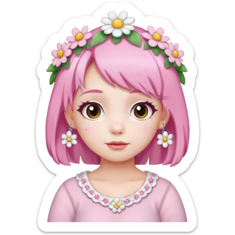A girl with pink and white hair, adorned with flowers as hair accessories, wearing My Melody clothing.Let the girl be older  sticker