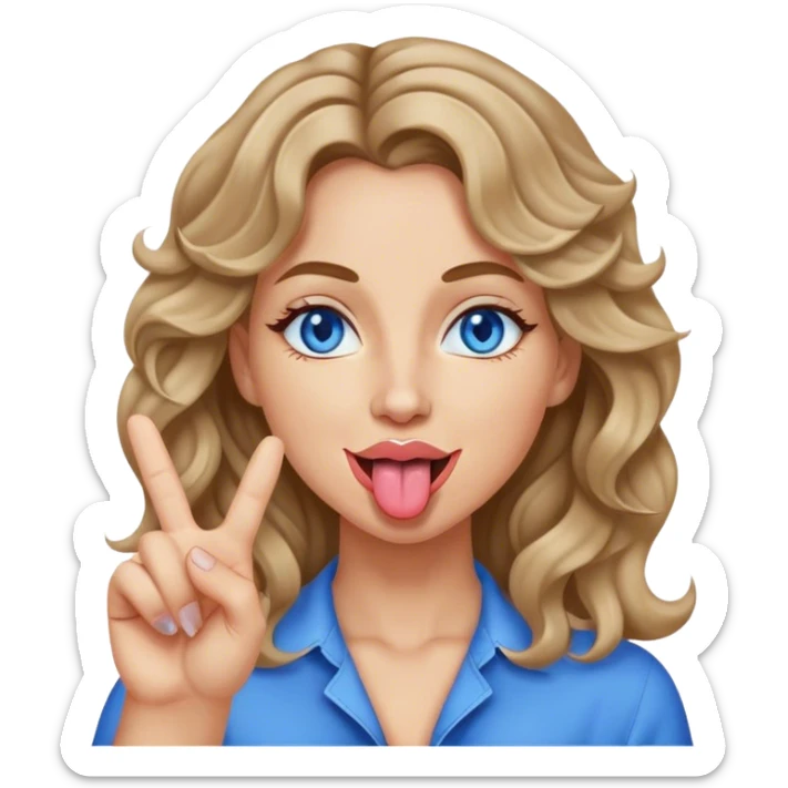 Woman with dark blonde wavy hair blue eyes sticking tongue out giving peace sign sticker