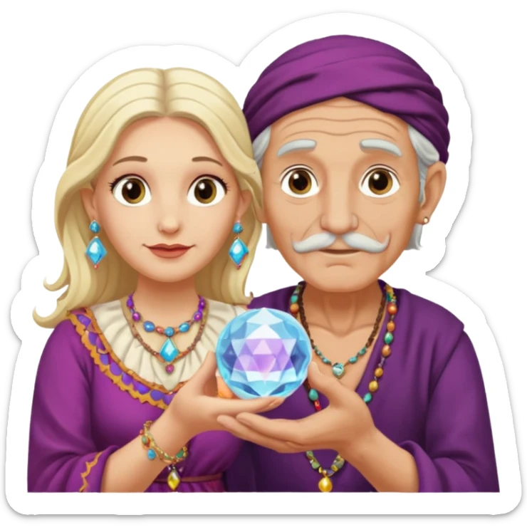 Elderly cleanshaven male gypsy with earrings and blonde female gypsy holding a crystal ball sticker