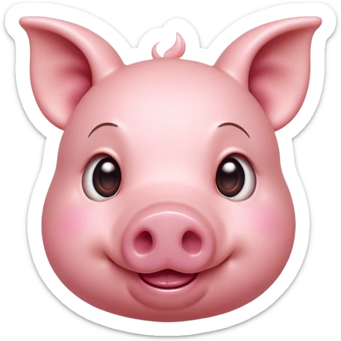 Cinematic Cute Pig Portrait Emoji, Head tilted playfully and inquisitively, featuring a glossy rosy-pink hide with a cute snout and a subtle natural sheen, round, sparkling beady eyes filled with curiosity, Simplified yet irresistibly adorable features, highly detailed, glowing with a warm, friendly glow, high shine, affectionate and lively, stylized with a touch of farmyard whimsy, bright and endearing, soft glowing outline, capturing the essence of a mischievous yet loving pig, so playful it feels like it could oink out of the screen and into your arms! sticker