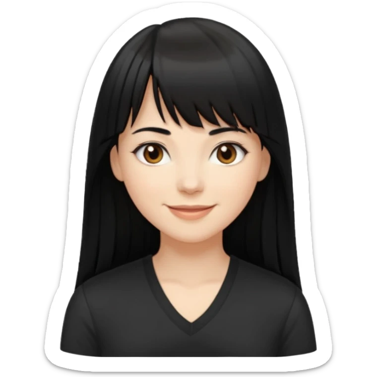 A white woman with Long straight hair with bangs, black hair, brown eyes and a black low-cut shirt smiling sticker