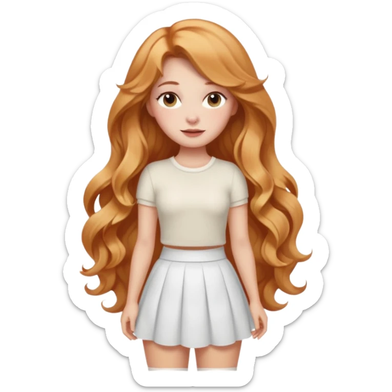 white girl with strawberry blonde super long wavy hair, white skirt, blushed cheeks sticker