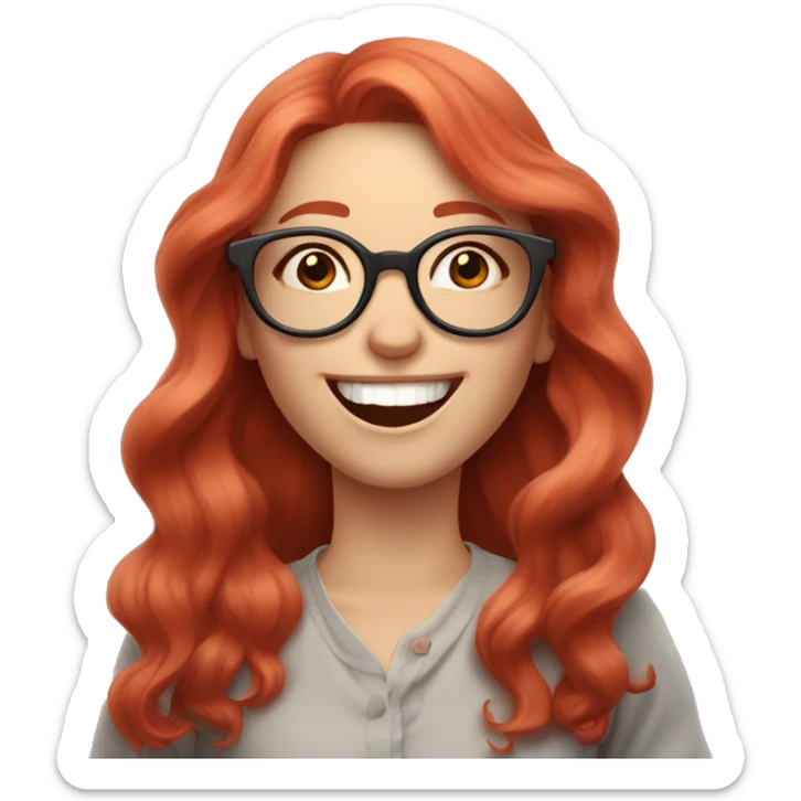 Pale, Long Wavy haired red head, girl with pink circular glasses glasses laughing and pointing sticker