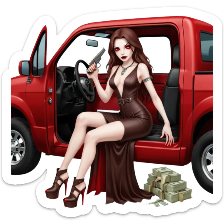Lilith symbol red eye seductress evil long brown haired sexy succubus woman with leather long dress with slit on, sitting in Big Large F350 pickup truck. Platform long high heels on feet. Back seat full of stacks of cash, she is  Holding a man dead human skull of her enemies and a gun in other hand sticker