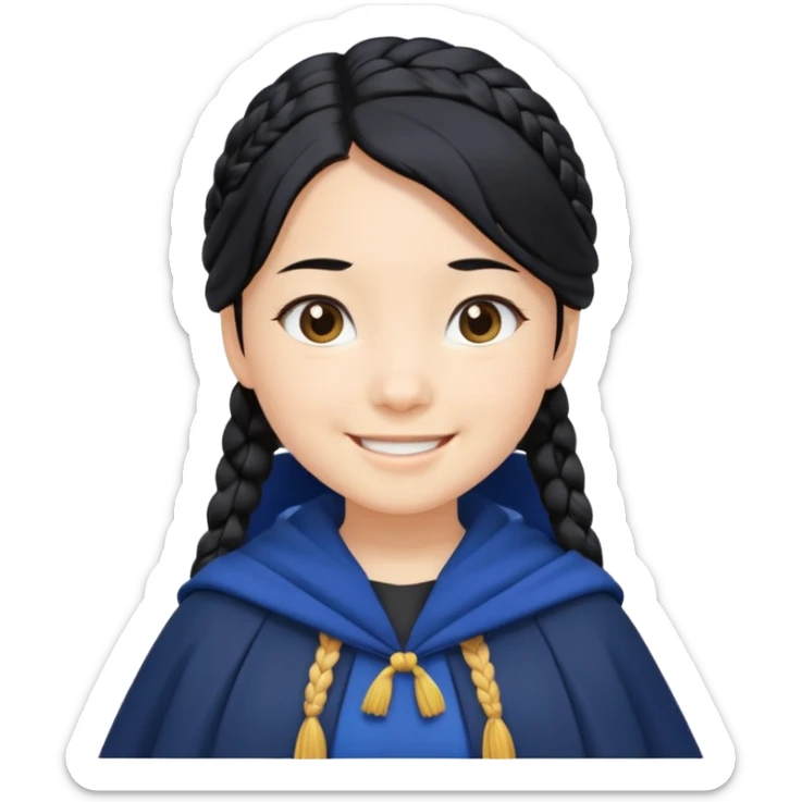 braid black hair, white asian girl, dark blue cloak, happy smaile sticker