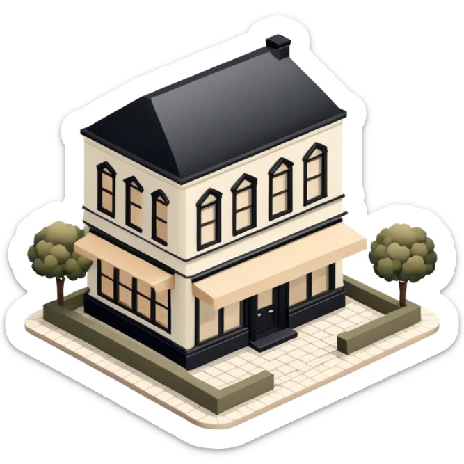 Isometric exterior little black, beige, and white bookstorr dollhouse style 3D realistic  sticker
